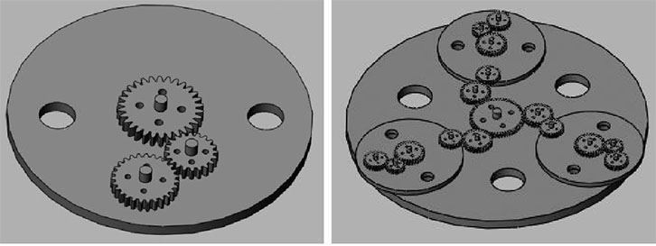 圖四：小轉(zhuǎn)盤中行星齒輪設(shè)計(jì)；圖五：大轉(zhuǎn)盤中齒輪傳動(dòng)設(shè)計(jì)